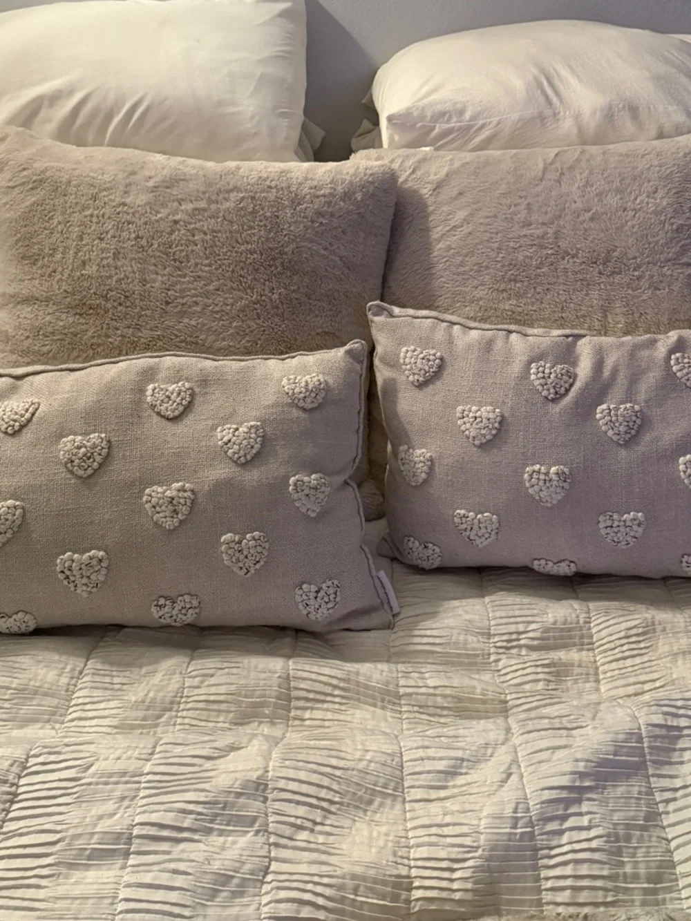 Cupcakes & Cashmere Blush Pink Cream Knitted Embroidered Heart Throw Pillow Pair